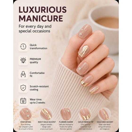 Nude Square Press‑On Nails, Luxury False Nails With Gold Wavy Lines & Rhinestone Flower Charms